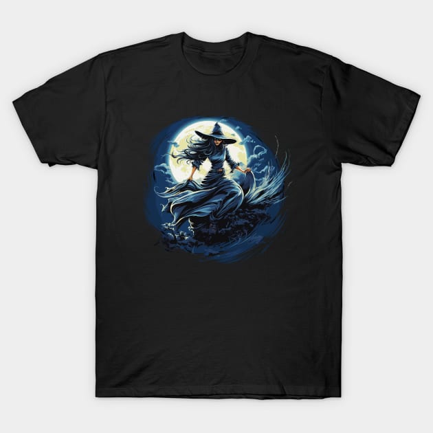 Blue Witch on a Dark Halloween Night T-Shirt by Tees 4 Thee